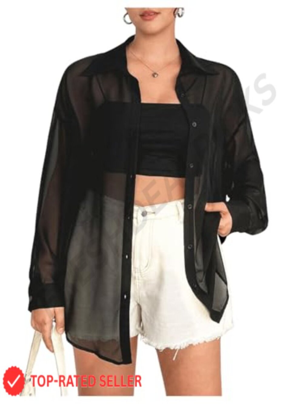 Plus Size Sheer Long Sleeve Button Down Blouse Asymmetrical Hem See Through Top
